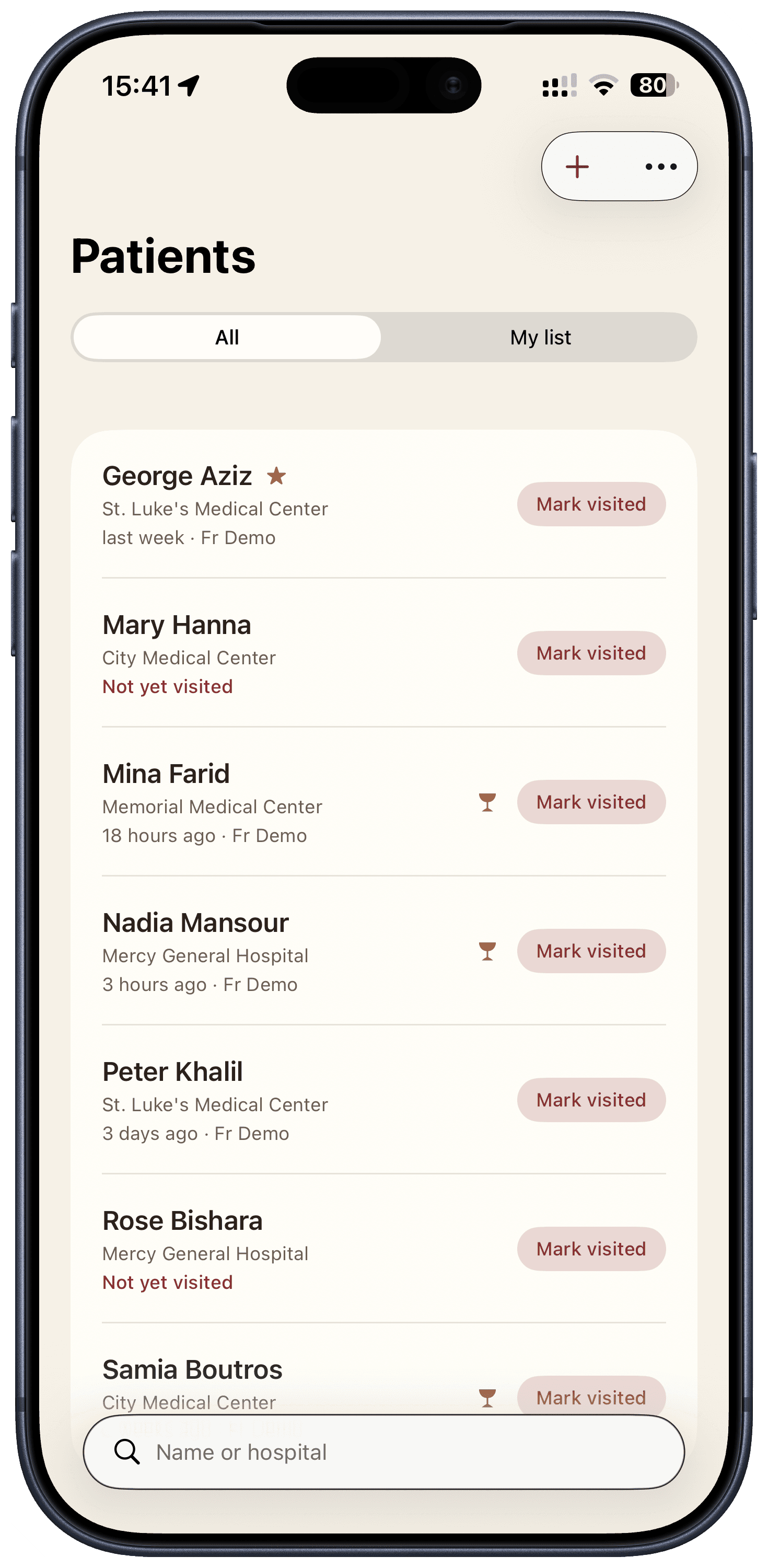 Clergy visitation app patient list