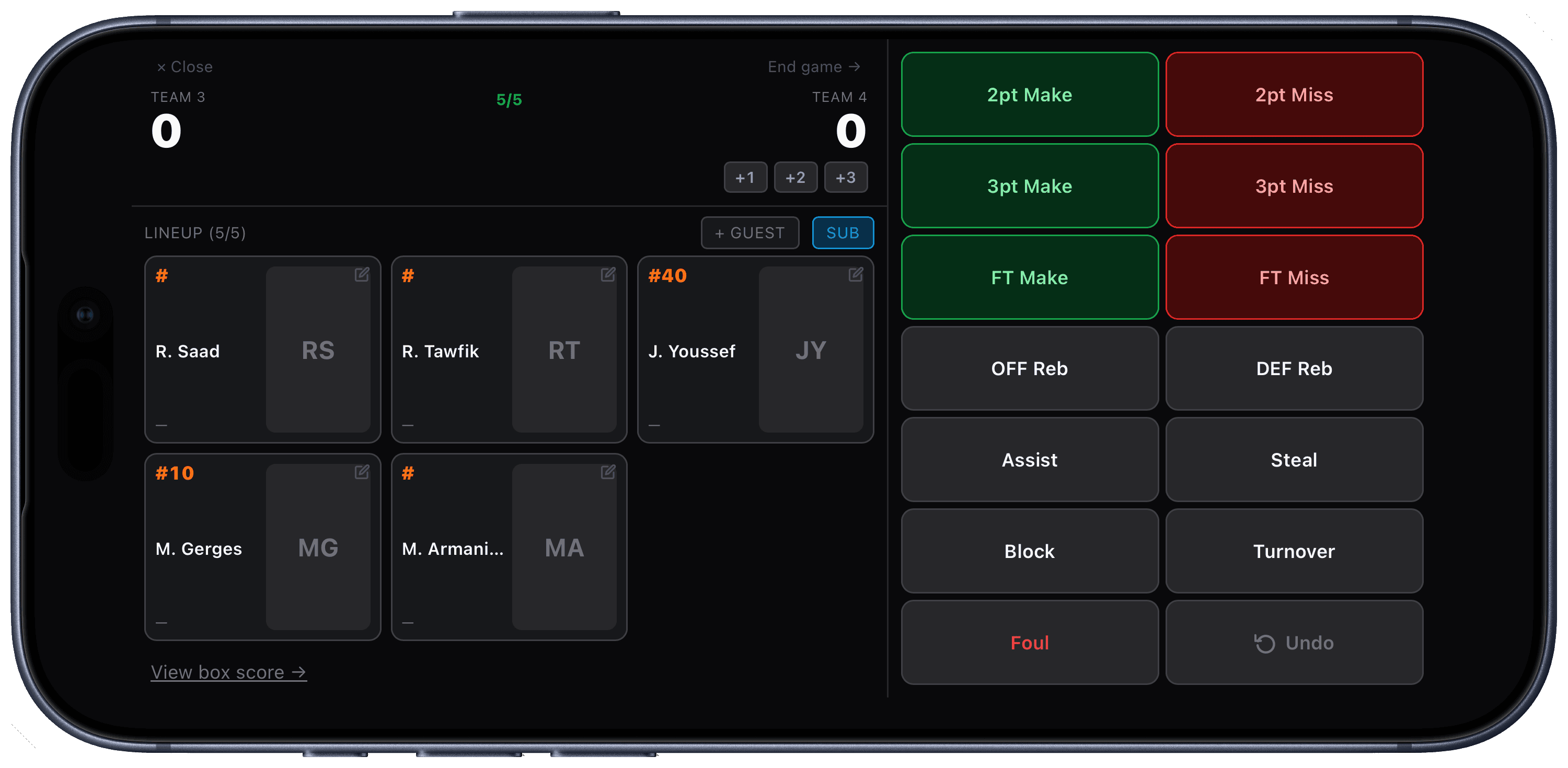 Scorekeeping app live game view