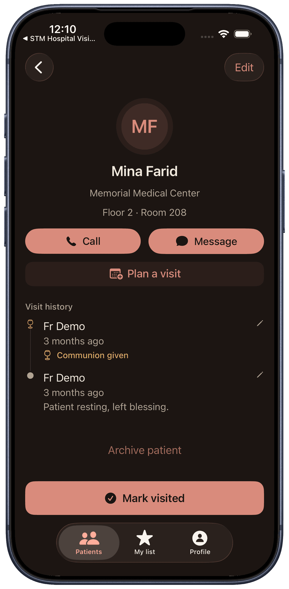 Clergy visitation app patient detail screen with call and message buttons and a visit history timeline