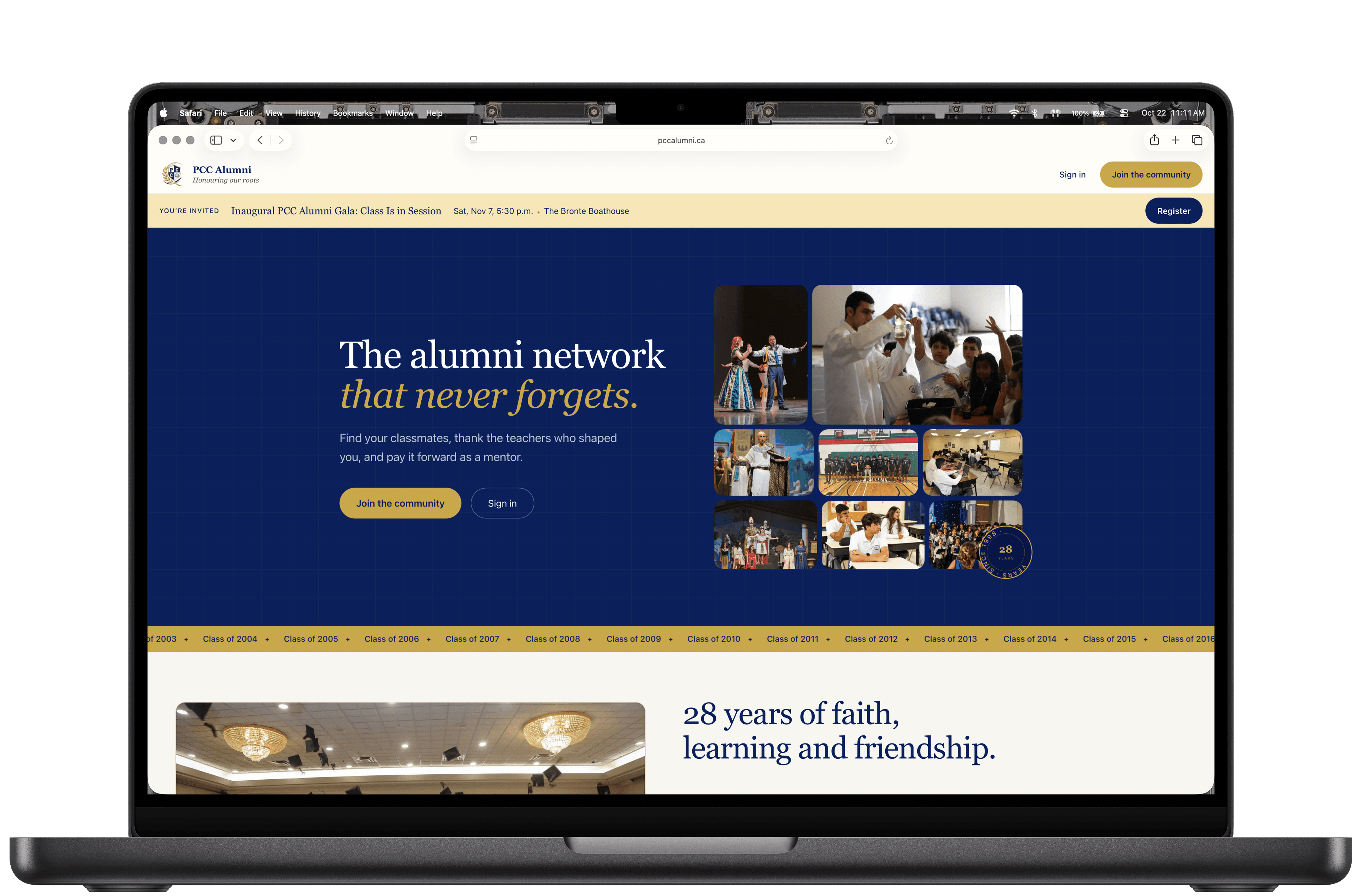 PCC Alumni homepage on a laptop, with the headline "The alumni network that never forgets" above a grid of school photos and a class-year ticker